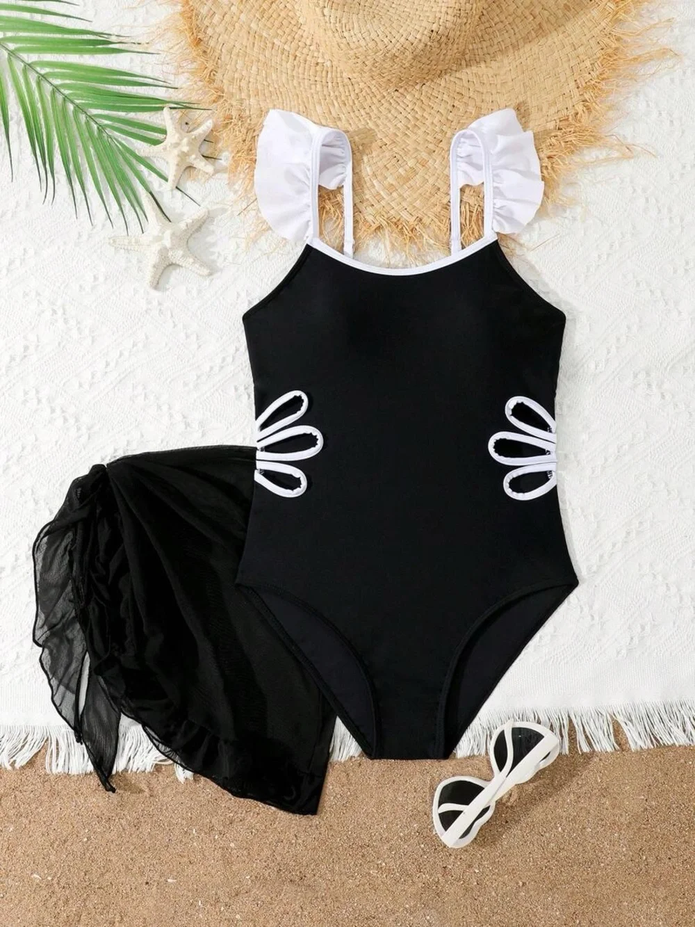 Girls Grace Karin Black & White Ruffle One-Piece bathing suit w skirt size 12